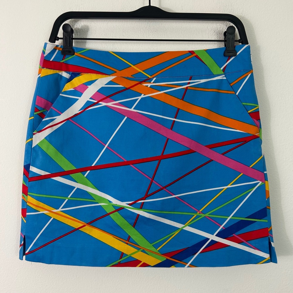 Loudmouth Golf Skort Womens 4 Blue Multicolor Geometric Ribbon Print Mini Skirt